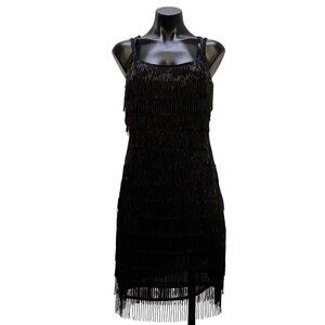 J Harris Black Beaded Fringe Cocktail Dress Vintage Design XS